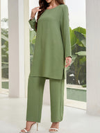 New Autumn/Winter Collection: Loose-Fit, Casual, and Comfortable Round-Neck Long Top with Casual Wide-Leg Pants 2pcs Set (155) - Military Green