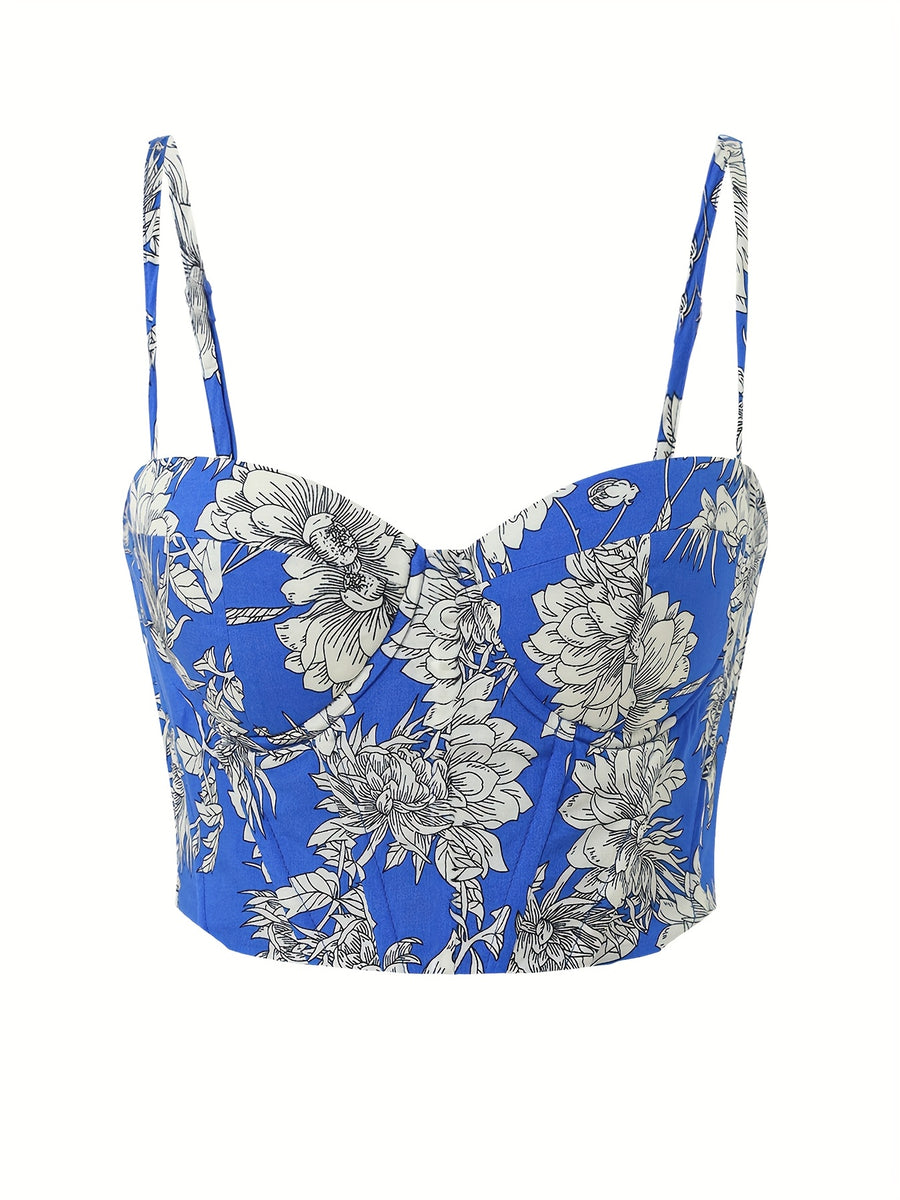 Elegant Special Vintage Floral Print Elegant Short Body-Shaping Camisole with Sexy Boning - Blue And White Flowers