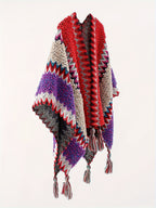 Tassel Striped Hollow-Out Airplane Blanket Cape Unisex Travel Coat - Red