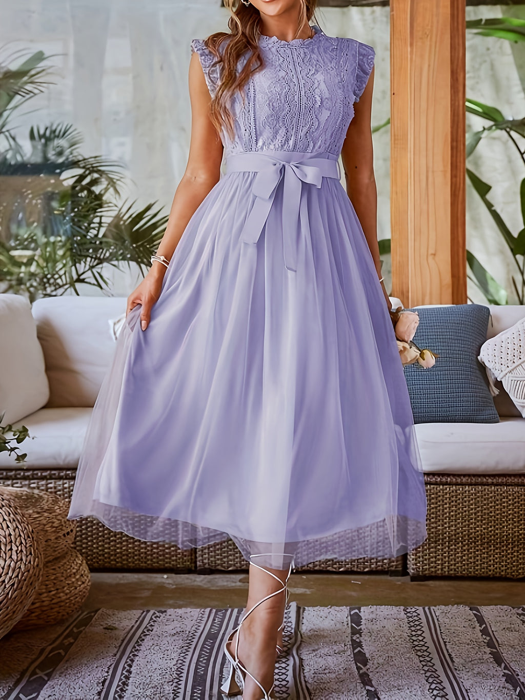 Women's Spring-Summer New Contrast Lace Mesh Spliced Long Sleeveless Elegant Dress - Lavender