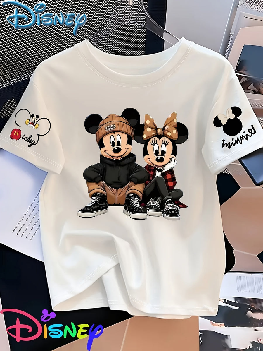 Mickey And Minnie Are Sitting Side by Side, with Mickey Hugging His Knees And Minnie Resting Her Chin on One Hand, Showcasing a Trendy Street Style Printed Short-Sleeve Women'S T-Shirt - White