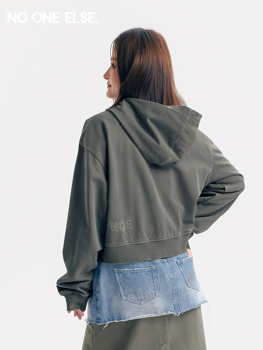 NO ONE ELSE Hooded Sweatshirt Jacket Women'S Spring Autumn Distressed Kangaroo Pocket Long Sleeve Baseball Top - Carbon Ink Gray