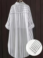 Korean Style Relaxed Black And White Pinstripe Shirt Women'S Mid-Length Top Casual Versatile Blouse - White