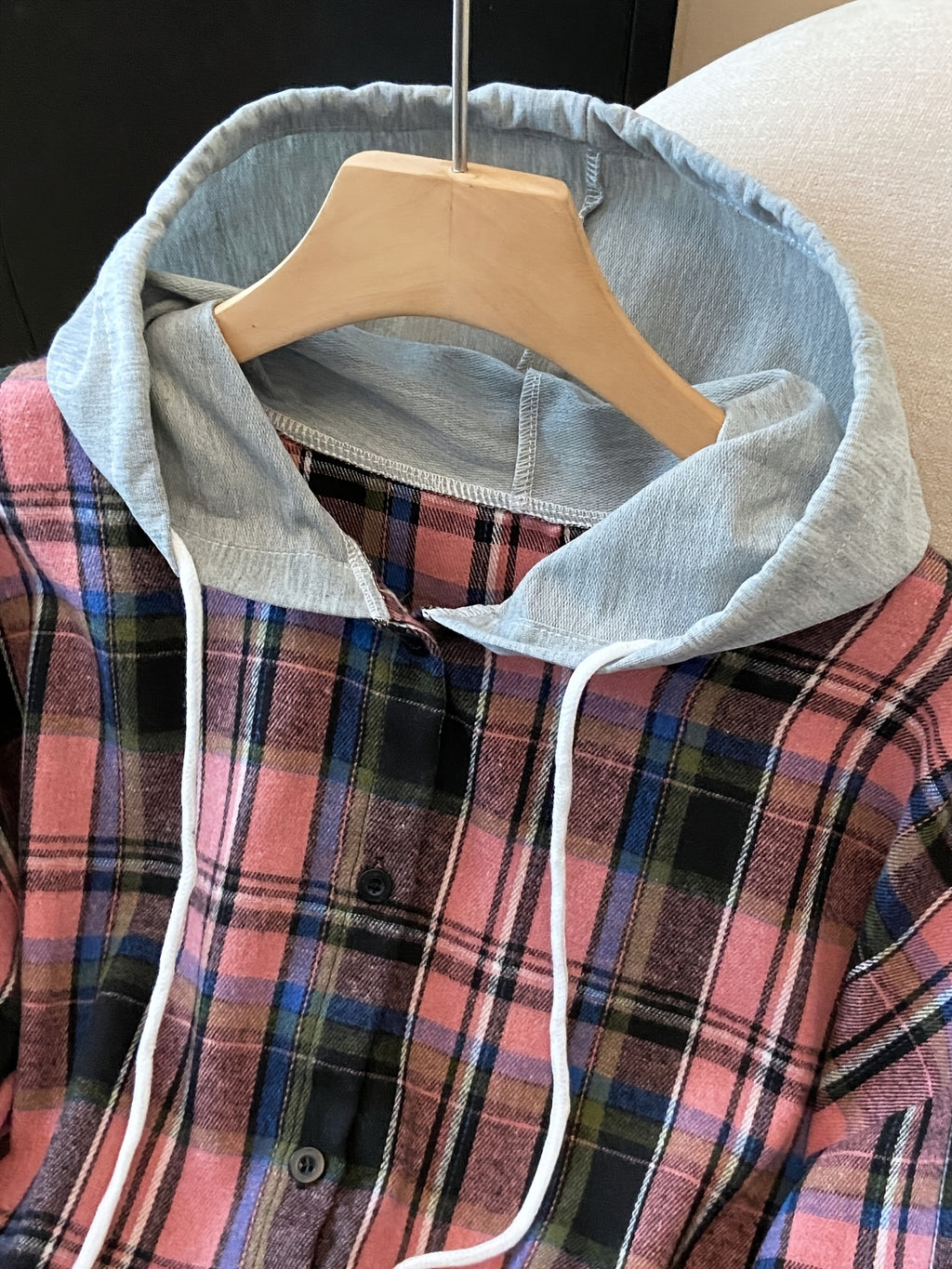 Plus Size, Spring Women's New Arrival Clothing, Autumn Women's Fashion Casual Wear, Plaid Hooded Long-Sleeve Shirt, Plus Size Women's Shirt, Oversized Top, Autumn Hooded Cardigan, Fashion Plaid Shirt, Korean Style Women's Clothing, Women's Winter - Dark Pink