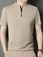 SaXing OBM New Spring/Summer Men's Polo Shirt, Solid Color Textured Ribbed Cable Knit Half-Placket Zipper Style Stand Collar Short Sleeve T-Shirt, Men's Business Casual Fashionable Breathable Versatile Henley Knit Pullover Base Layer Top - Apricot