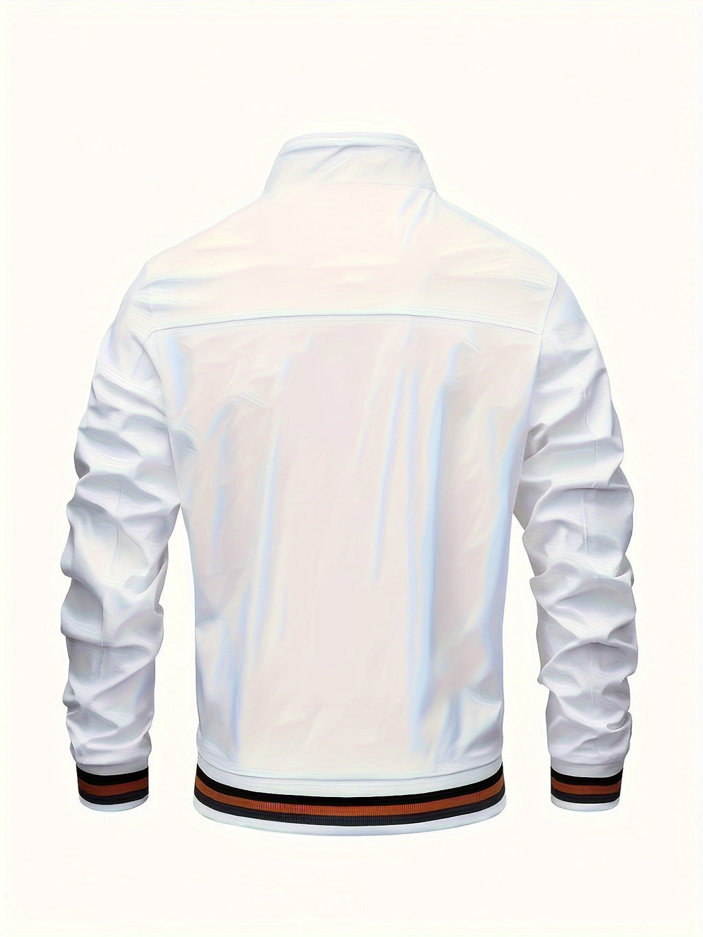 Men'S Versatile Casual Milan Element Stand-Up Collar Baseball Jacket, Contrast Ribbed Design, Windproof And Stiff, Spring Autumn Daily Commute Casual Versatile Top - White