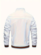 Men'S Versatile Casual Milan Element Stand-Up Collar Baseball Jacket, Contrast Ribbed Design, Windproof And Stiff, Spring Autumn Daily Commute Casual Versatile Top - White