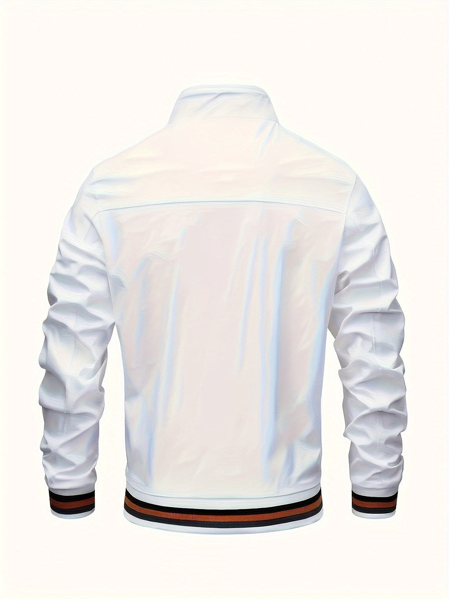 Men'S Versatile Casual Milan Element Stand-Up Collar Baseball Jacket, Contrast Ribbed Design, Windproof And Stiff, Spring Autumn Daily Commute Casual Versatile Top - White
