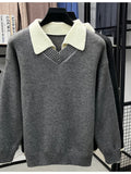[Wading Whale OBM] 1pc Spring/Autumn New Men'S Knit Pullover Sweater, Old Money Style Color-Block Striped Faux Two-Piece Patchwork Lapel Long Sleeve Knit Pullover for Men, Business Casual Fashion Striped Sweater, Suitable for Spring, Autumn - Grey