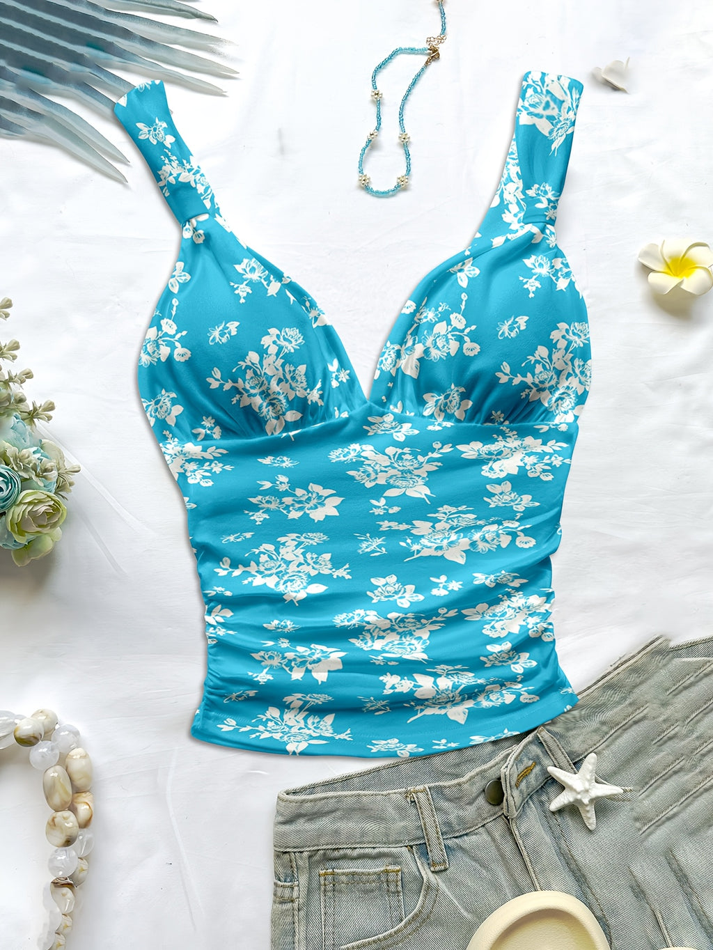 Women's Spring/summer New Hot Beach Tropical Vacation Outfits Casual Floral Slim Fit Bustier Halter Top - Deep Sky Blue
