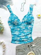 Women's Spring/summer New Hot Beach Tropical Vacation Outfits Casual Floral Slim Fit Bustier Halter Top - Deep Sky Blue