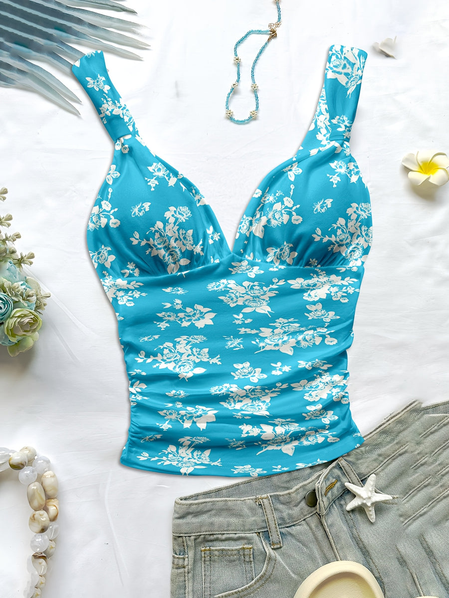 Women's Spring/summer New Hot Beach Tropical Vacation Outfits Casual Floral Slim Fit Bustier Halter Top - Deep Sky Blue