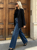 Retro Dark Straight Leg All-Match Casual Long Trousers Body-Hugging Leg-Lengthening Jeans - Deep Blue