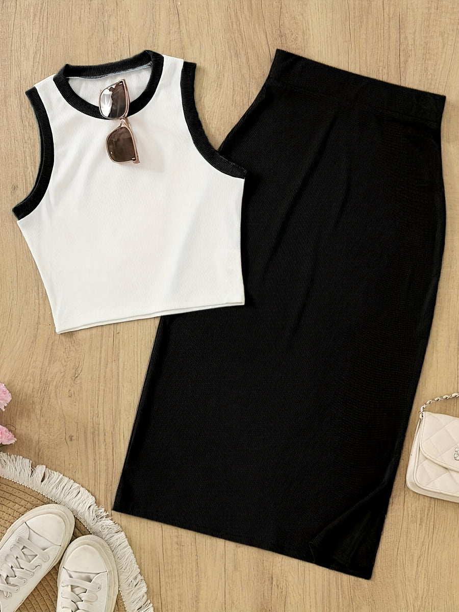 Women'S Sleeveless Vest And Slit Skirt Set - Black