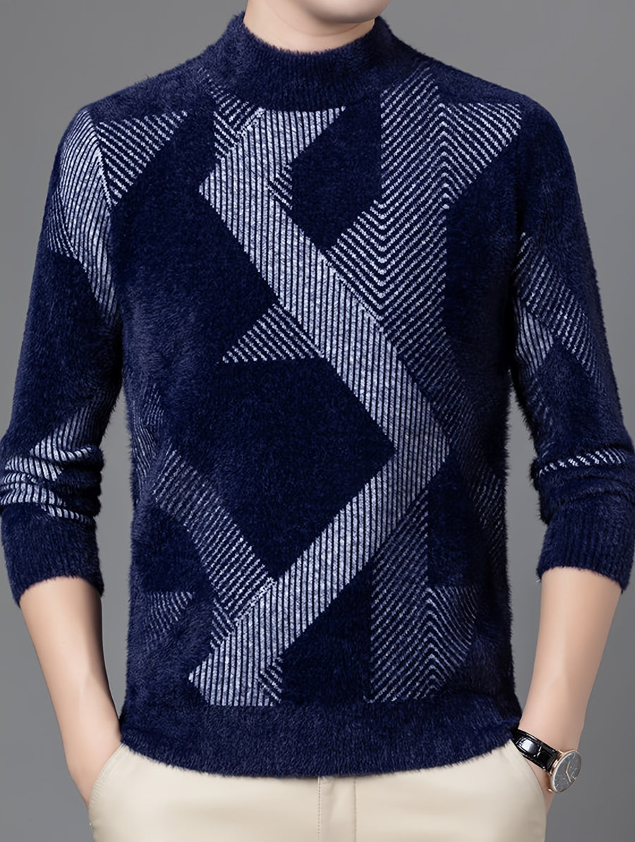 Autumn Winter Men'S Semi-High Neck Sweater, Geometric Diamond Thick Knitwear for Middle-Aged Casual Warm Base Layer - Shangqing