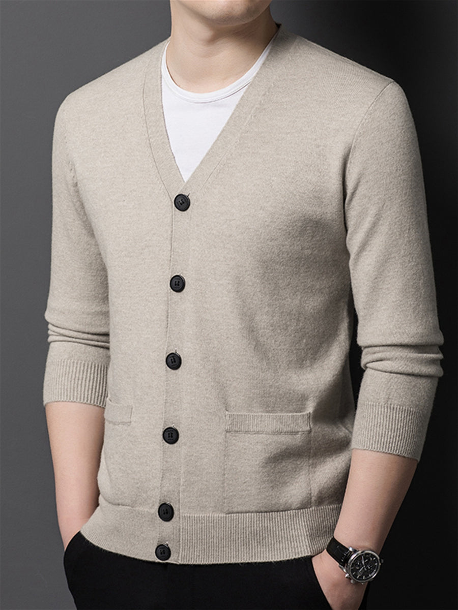 Autumn Winter Knit 3D Solid Color V-Neck Sweater, Basic Knit Cardigan for Men, Fashionable Long Sleeve Sweater, Cangyuan Y - Beige Camel