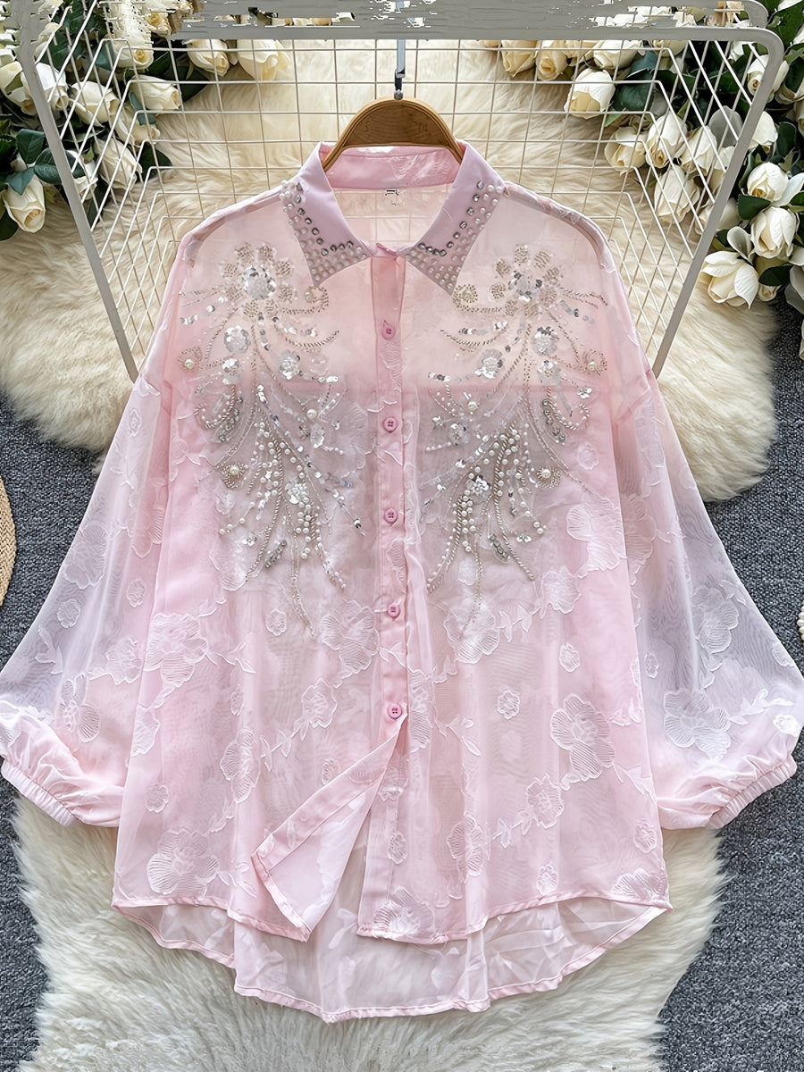 Light Luxury Socialite Heavy Bead Sequin Embroidery Lantern Sleeve Shirt Women'S Summer Thin Loose Outerwear Long Sleeve Top - Pink