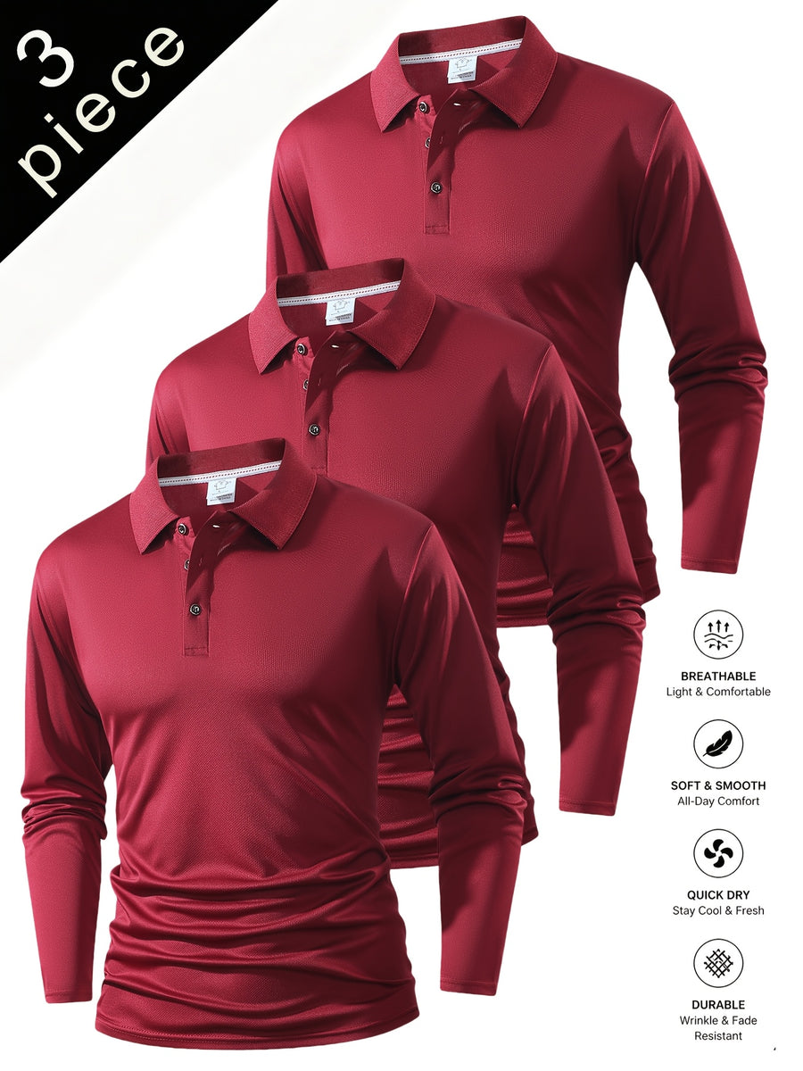 Spring And Autumn Explosive Value Three-Piece POLO Collar Long-Sleeved Top for Men, Stylish, Easy And Versatile, Solid Color Design, Multi-Color Optional Sports And Casual, Soft And Comfortable, Jumper, 220G/Square Meter Fabric Weight - Red