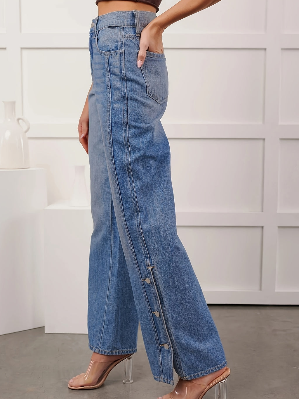 Women'S Jeans with Stretch Waist, All-Match Stretch Straight Leg Pants with Multiple Buttons And Slit - Blue