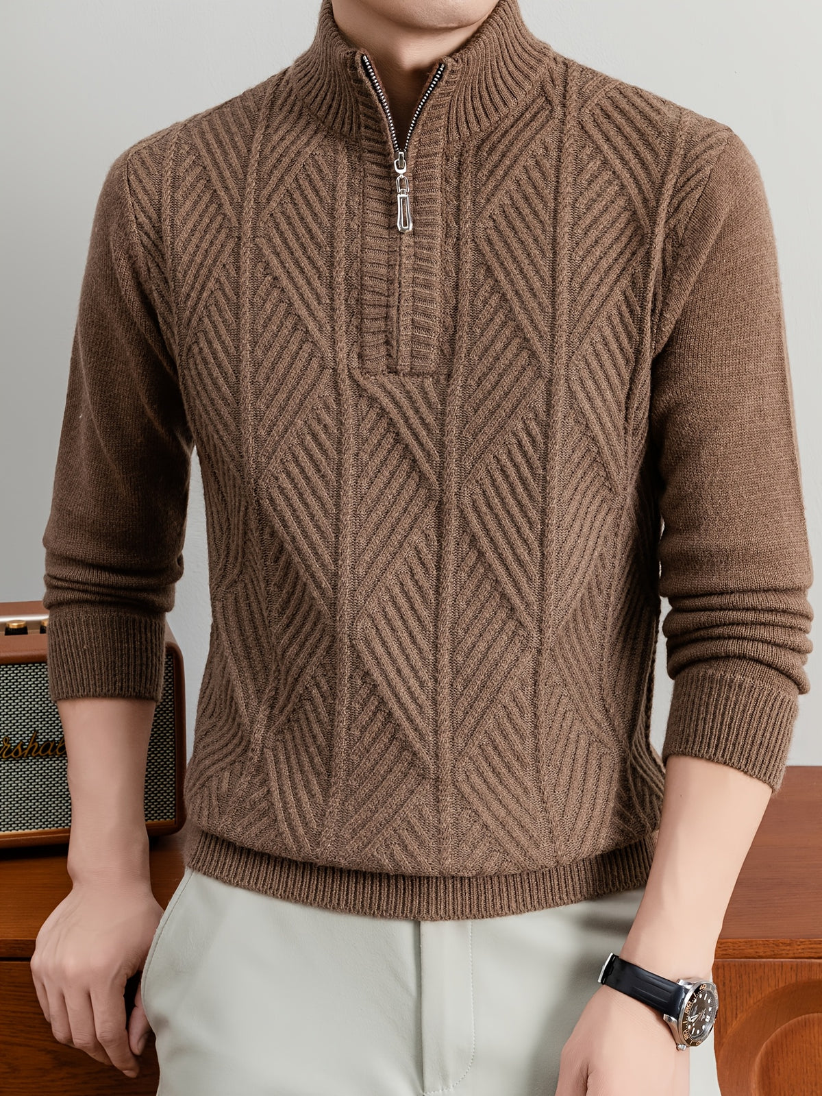 Men's Half-Zip Stand Collar Sweater with Zippered Panel & Striped Jacquard Knit - Warm Winter Pullover, Stretchable Stand Collar Suitable for Casual Office Wear, Layering Top, Hand Washable Regular Fit Blazer Compatible - Coffee Color