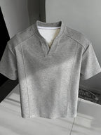 Men's American-Style Deconstructed Patchwork V-Neck Drop-Shoulder Short-Sleeve T-Shirt, Summer Loose-Fit Designer Short-Sleeve Top, Trendy - Grey