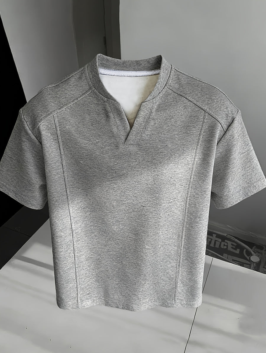 Men's American-Style Deconstructed Patchwork V-Neck Drop-Shoulder Short-Sleeve T-Shirt, Summer Loose-Fit Designer Short-Sleeve Top, Trendy - Grey