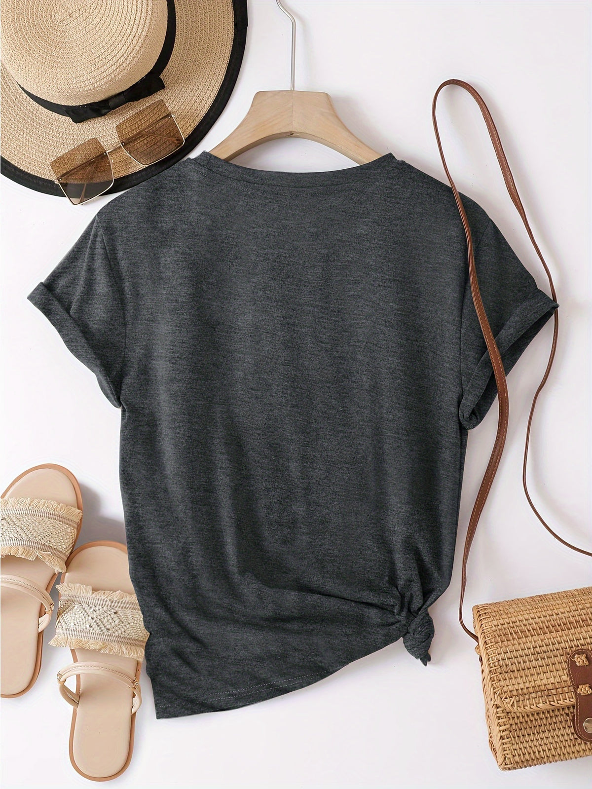 Spring Summer Easy Round Neck Fashion Loose Versatile Casual Short Sleeve T-Shirt Heart Letter Women'S Top Pattern - Grey