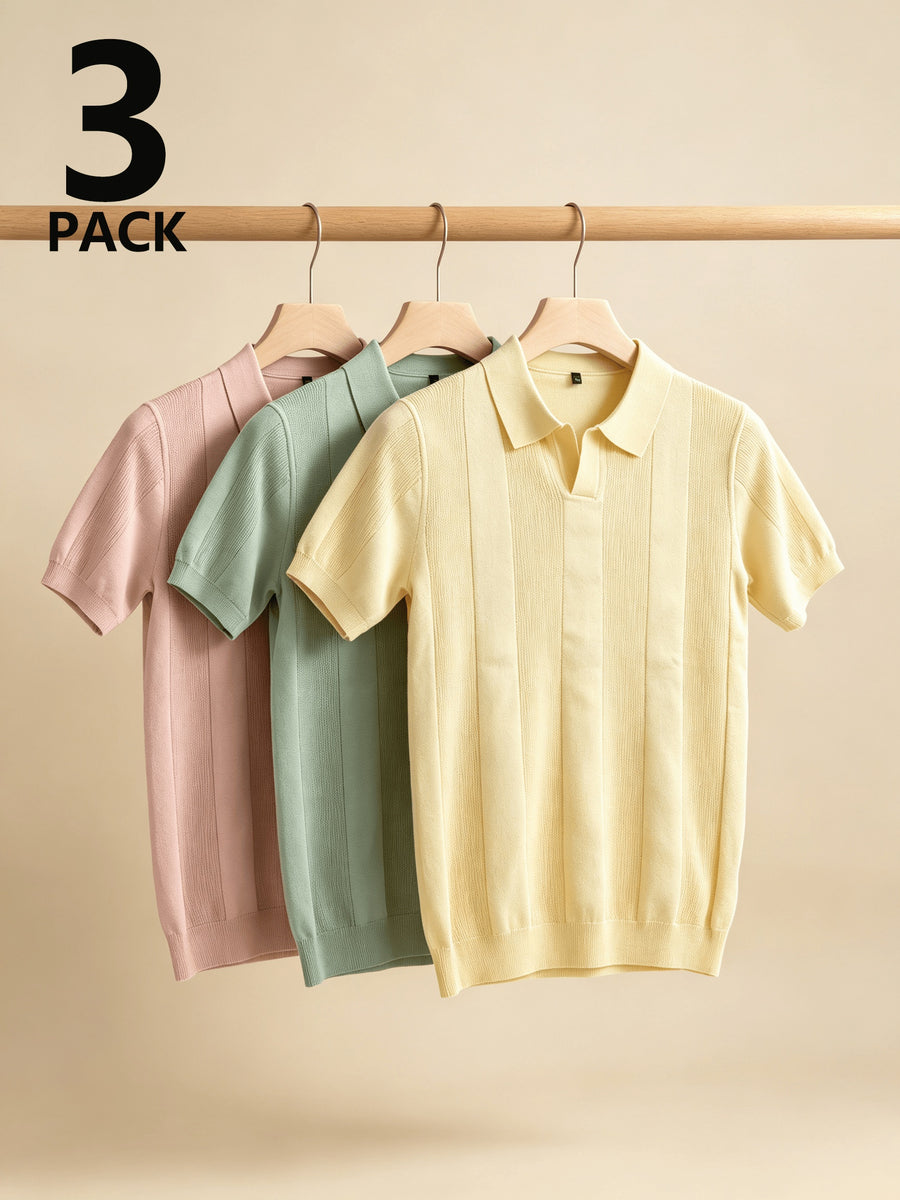 Men 3pcs Vertical Textured Knit Polo Shirts, Slim Fit Notch Collar Short Sleeve Knitwear, Lightweight Comfort Shirts for Office Vacation Daily Wear - Pink-Grey-Green-Yellow