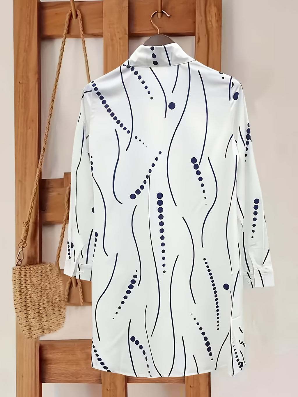 Elegant Women's Temperament Shirt Dress with Abstract Line Print, Flowy Loose-fit Shirt Dress, French-Style Relaxed Long-Sleeve Shirt Dress, Figure-Flattering Commuter Dress - Mixed colors