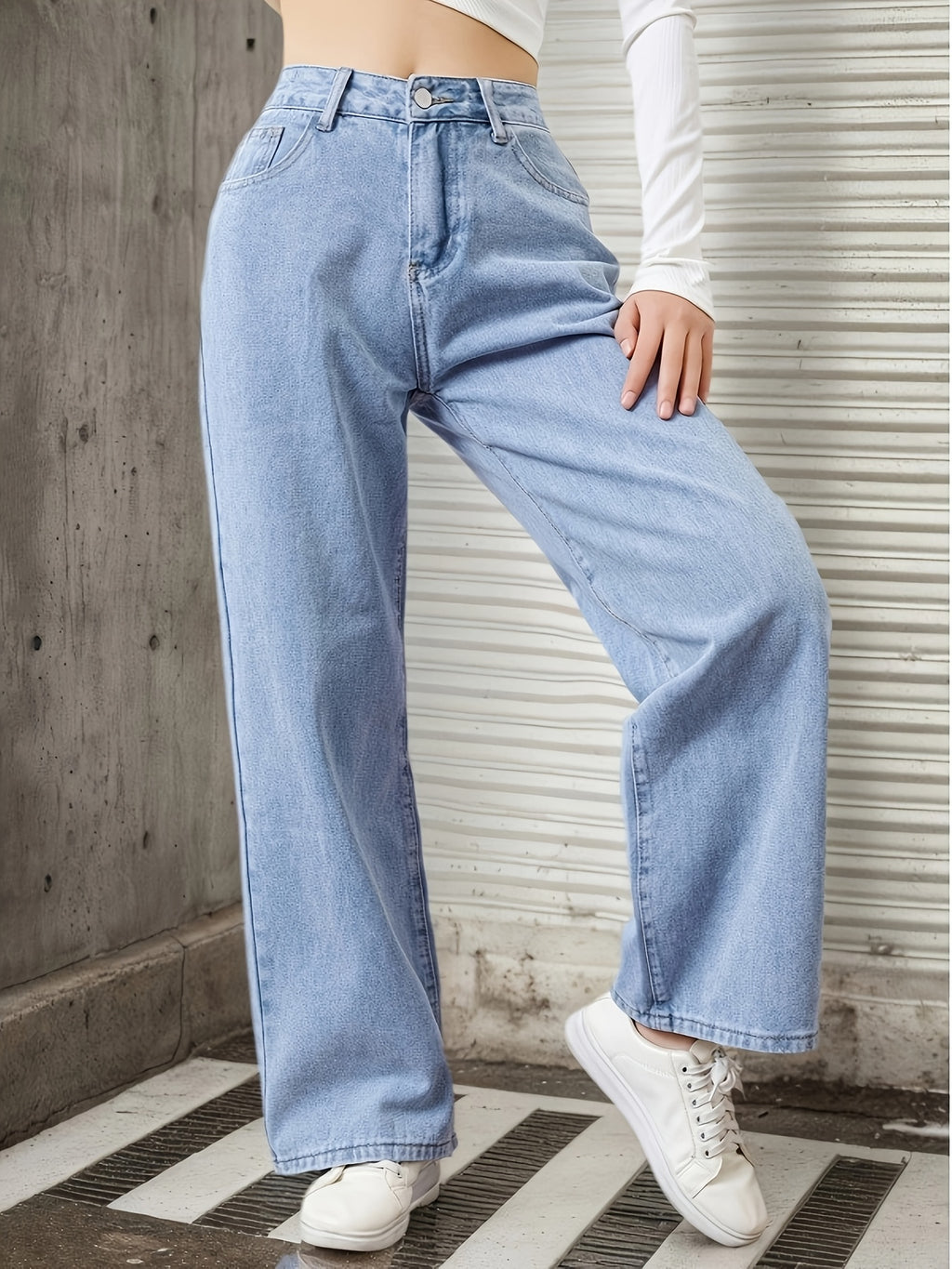 Women's Light Blue Non-Stretch Casual Versatile Loose-Fit Simple Straight-Leg Jeans, Suitable for All Seasons - Light Blue