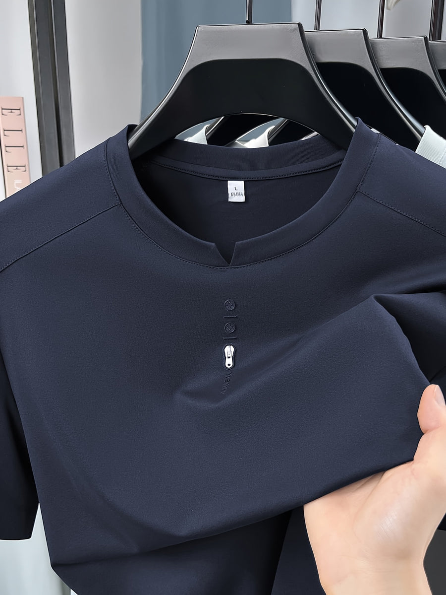 Men'S New Short Sleeve Easy Loose Commute All-Match Round Neck Top Short Sleeve T-Shirt Summer Cool Top Middle-Aged Dad Round Neck T-Shirt Business Casual Men'S Fashion Comfortable Multi-Color Short Sleeve T-Shirt LSL-26235 - Navy Color
