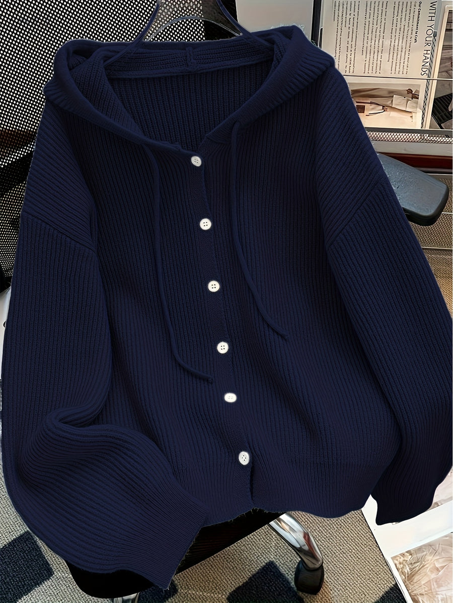 Autumn And Winter Hooded Cardigan, Solid Color Casual Easy Button-Up Sweater, Soft And Comfortable Elegant Women'S Clothing - Navy Color