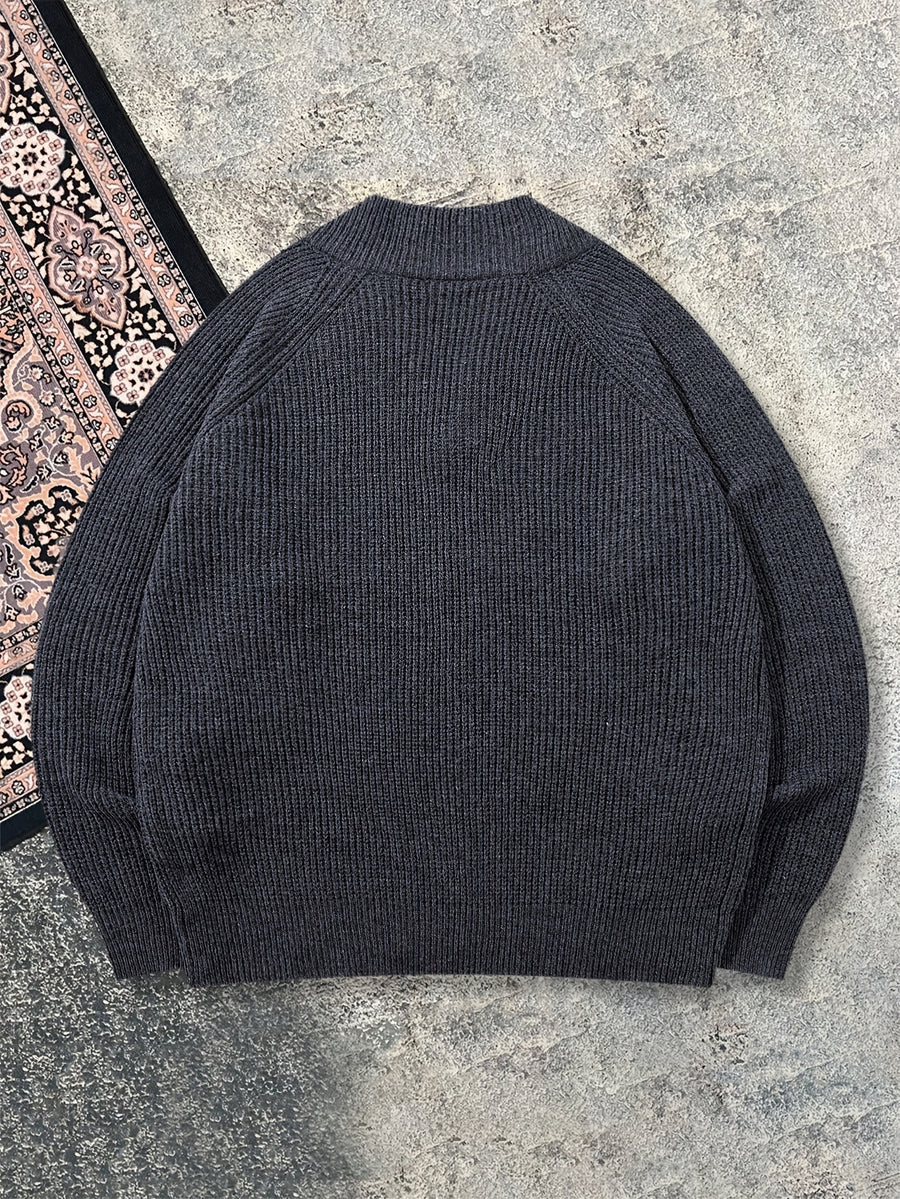 Autumn/Winter Men's Fall Outfit, Back-to-School Apparel, European and American Style Casual Loose Fit Commuting Simple Solid Color Versatile Half-Open Placket Lapel V-Neck Sweater, Long Sleeve Pullover Knit Fabric - Grey