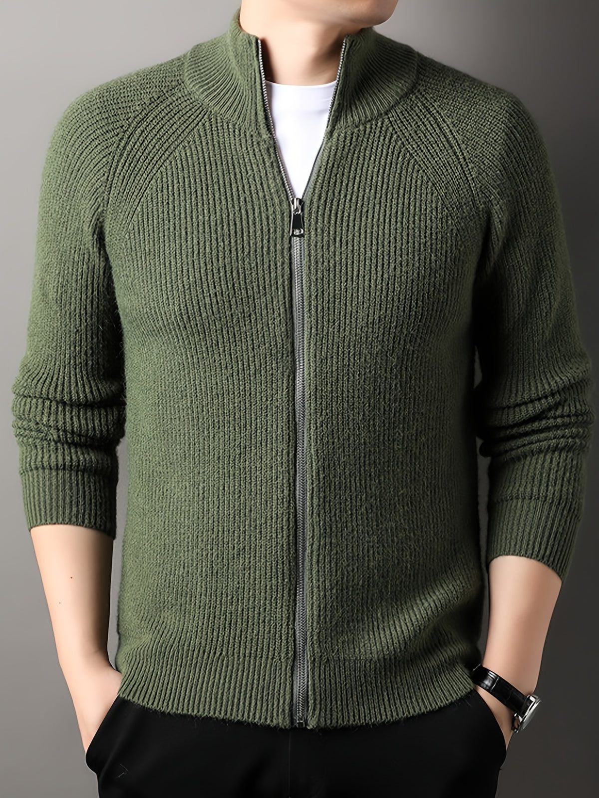 Autumn New Men'S, Solid Color Knit Cardigan, Zipper Style Trendy Comfortable, Outdoor Leisure All-Match - Green