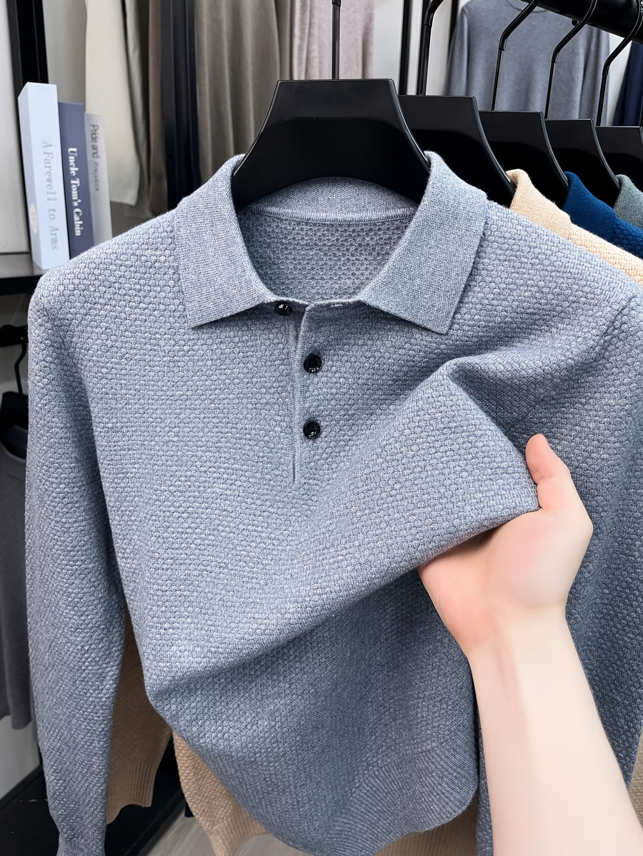 Autumn Men'S Long Sleeve T-Shirt Long Sleeve Pineapple Needle Lapel Business Casual Solid Color POLO Shirt - 【Light Grey】