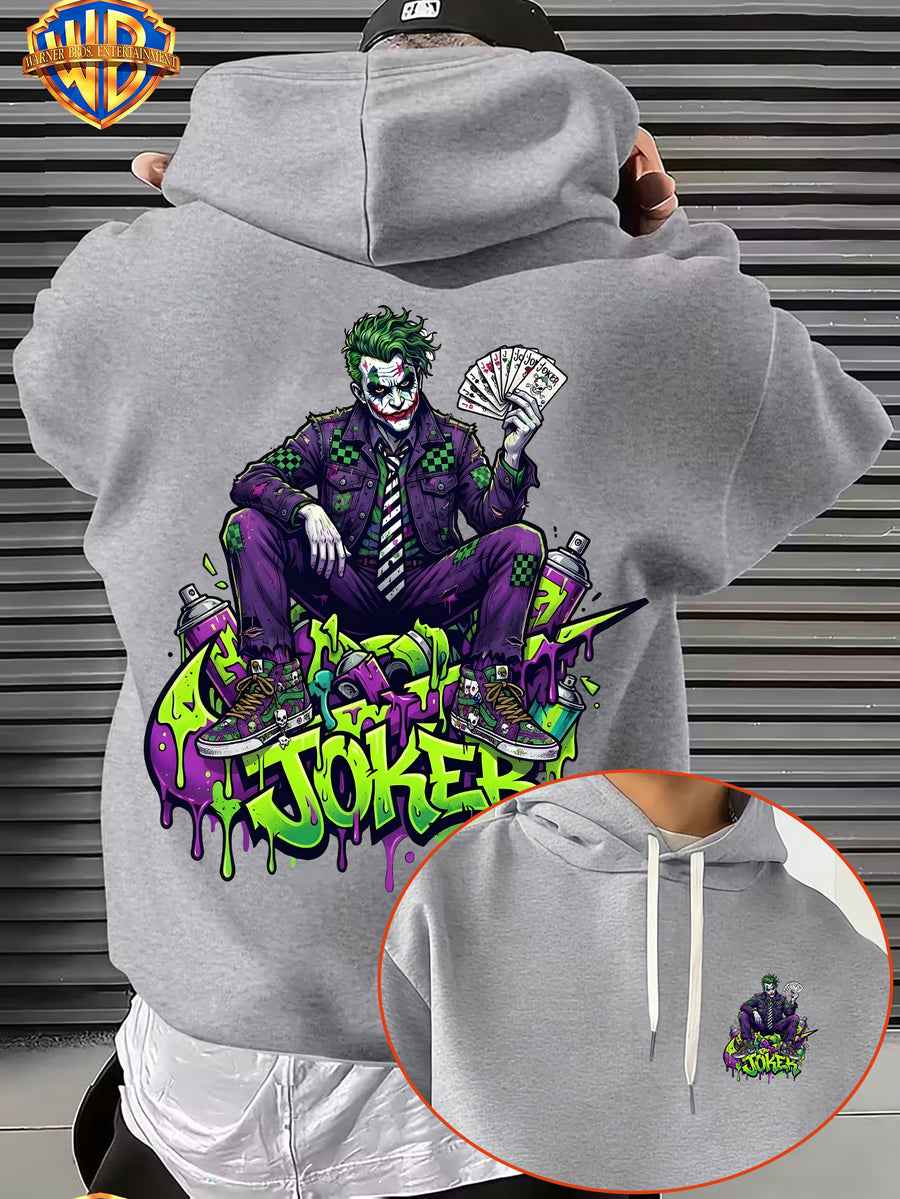Warner Bros. JOKER Purple-Green Color Block Graffiti Art Font Spray-Painted Background Plaid Workwear Style Sneakers with Paint Drip Cool Print Men's Fashion Hooded Sweatshirt, Sleeve Print Design, Kangaroo Pocket, Drawstring Hood, Suitable for Daily - Light Grey