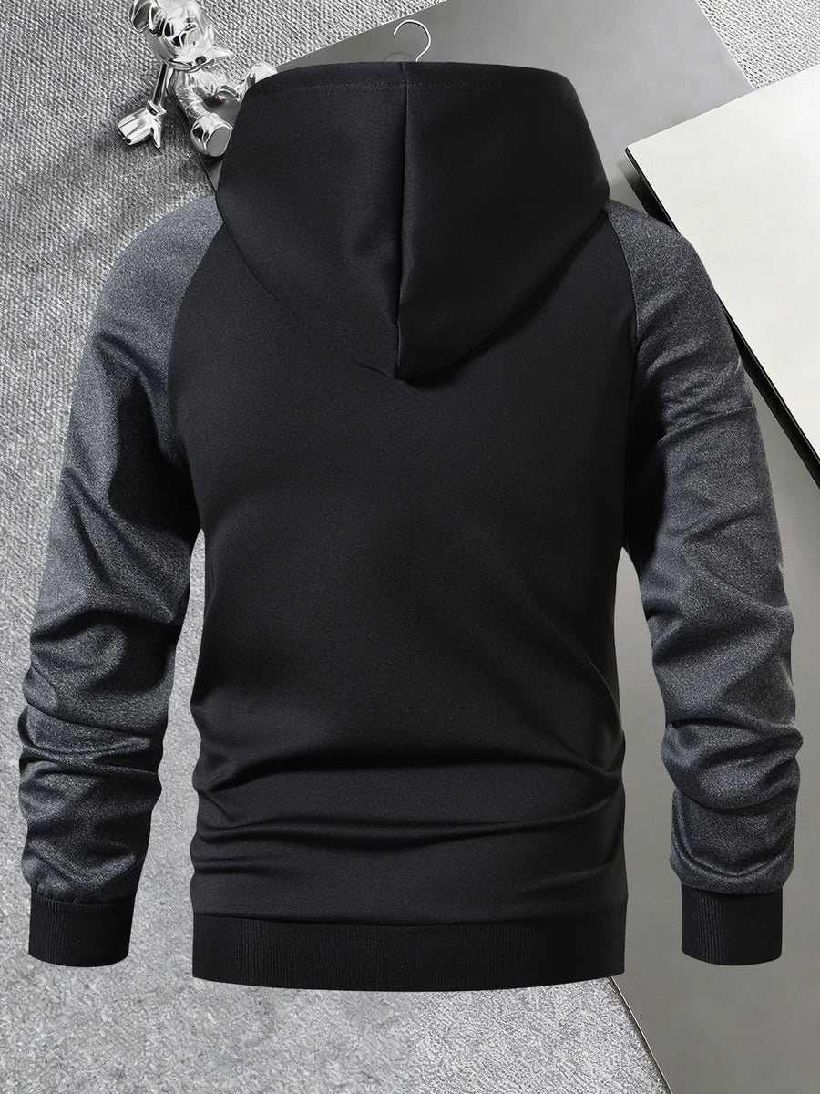 Men'S Trendy Spring Autumn Hooded Color-Block Jacket, Athletic Letter Print, Business Baseball Uniform Casual Hooded Jacket All-Match Top Two-Color Outerwear, Color-Block Jacket Shirt Hooded Coat - Black