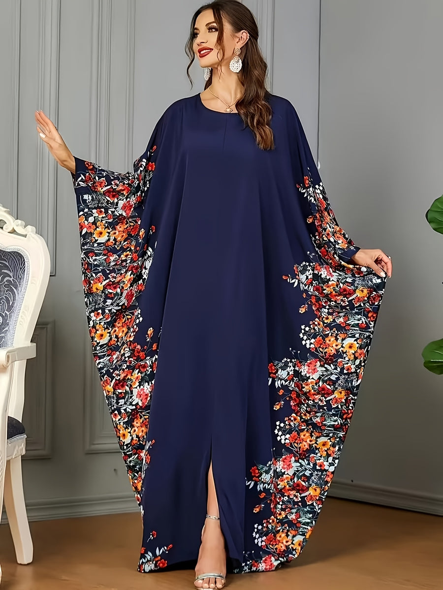 1pc Floral Print Crew Neck Abaya, Elegant Batwing Sleeve Split Maxi Dress, Women'S Clothing Maxi Abaya Dress Modest Prayer Dress for Muslim Women | Batwing Sleeves And Elegant Swing Hem for Everyday Outings And Travel Outfits - Navy Color
