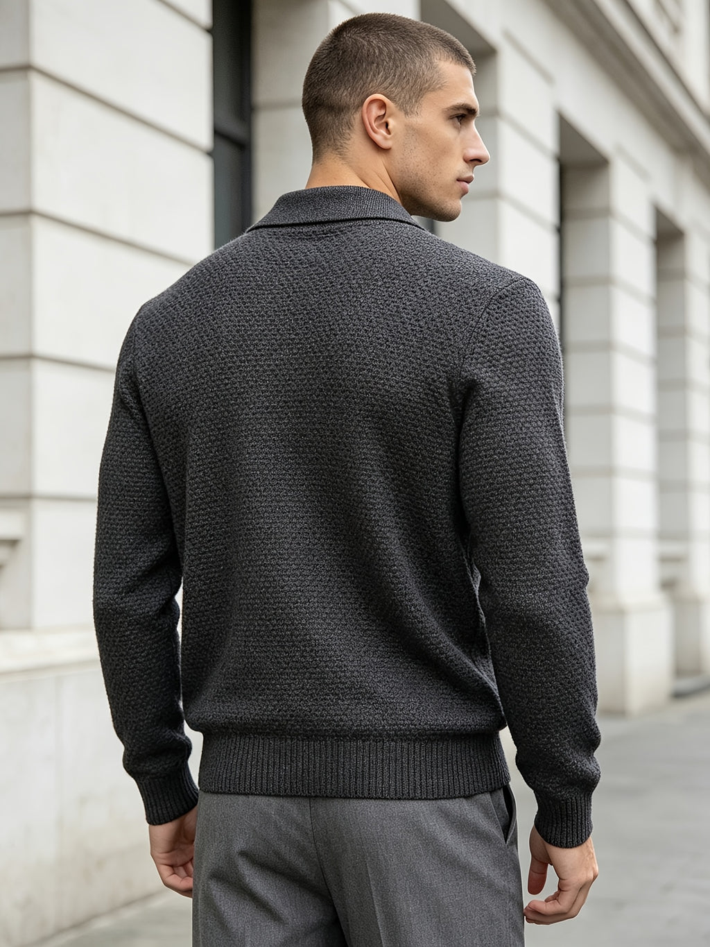 Men'S Business Light Luxury Style Lapel Honeycomb Texture Knit Polo Shirt, Soft Skin-Friendly Knit Fabric, 3D Honeycomb Texture Premium Texture, Slimming And Non-Tight, Long Sleeve Design Easy And Atmospheric Without Extra Logo - Dark Gray