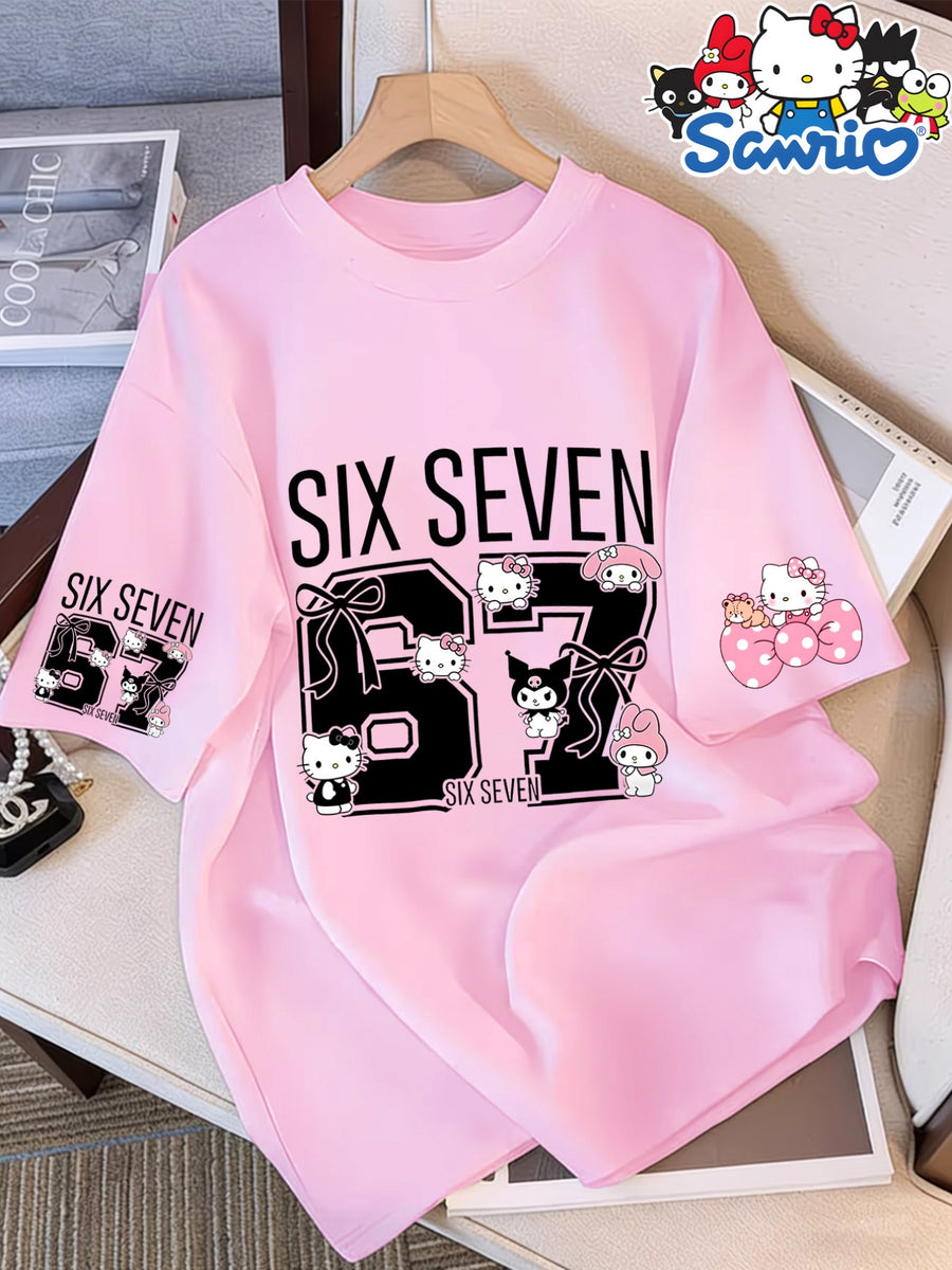 Authorized Women'S Round Neck 100% Short Sleeve T-Shirt, 67 Number Pattern with Hello Kitty My Melody Kuromi Kuromi Cute Print Women'S Elegant Round Neck Short Sleeve T-Shirt, Soft Fabric Spring Summer Versatile Casual Top - pink color