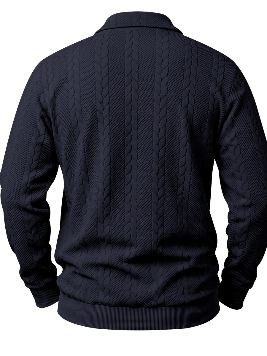 1pc Autumn Men'S Long Sleeve Plaid POLO Shirt Solid Stripe Retro Style Outdoor Sports Casual Pullover Top - Navy Color
