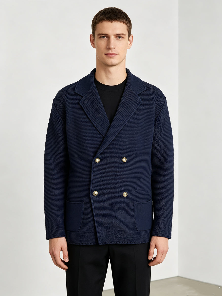 Men's New Autumn/Winter Double-Breasted Knit Jacket, Loose Fit Casual Suit-Style Top with Lapel. European/American Style Men's Notched Lapel Knit Cardigan with Double-Breasted Design, Versatile Outerwear for Spring/Autumn, Suitable for Both Commuting - Deep Blue
