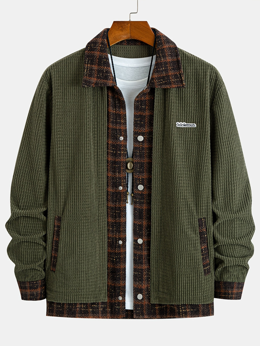 Men's Vintage Green Patchwork Plaid Double Pocket Lapel Design 2-in-1 Look Workwear Jacket for Daily Streetwear, Commuting, Casual Gatherings, and Light Social Wear - New Long Sleeve Coat for Autumn and Winter - Dark Green