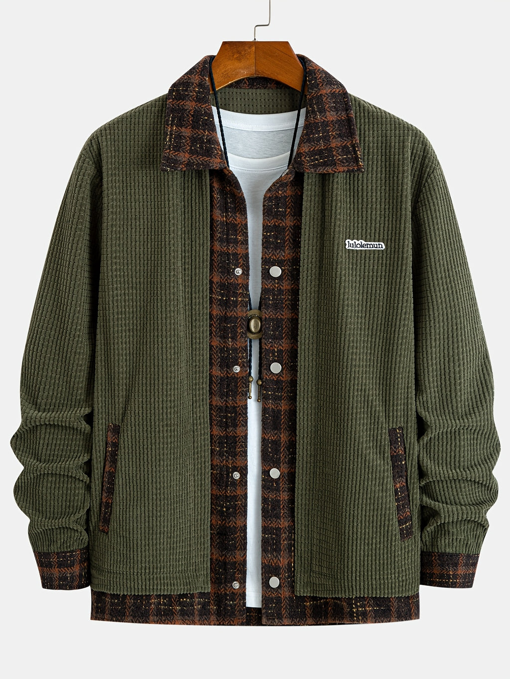 Men's Vintage Green Patchwork Plaid Double Pocket Lapel Design 2-in-1 Look Workwear Jacket for Daily Streetwear, Commuting, Casual Gatherings, and Light Social Wear - New Long Sleeve Coat for Autumn and Winter - Dark Green
