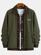 Men's Vintage Green Patchwork Plaid Double Pocket Lapel Design 2-in-1 Look Workwear Jacket for Daily Streetwear, Commuting, Casual Gatherings, and Light Social Wear - New Long Sleeve Coat for Autumn and Winter - Dark Green