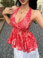 Women's Summer Vacation Casual Mesh Paisley Print Tie-Back Halter Neck Bow Vest - Scarlet red