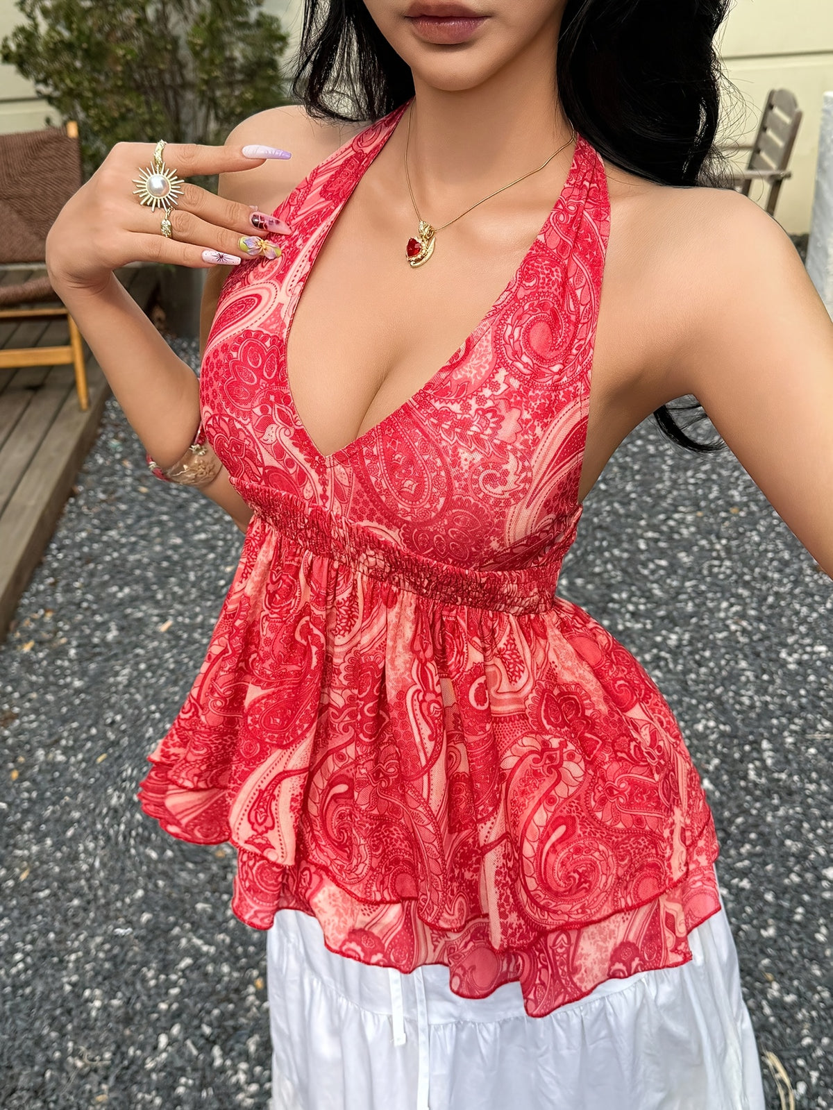 Women's Summer Vacation Casual Mesh Paisley Print Tie-Back Halter Neck Bow Vest - Scarlet red