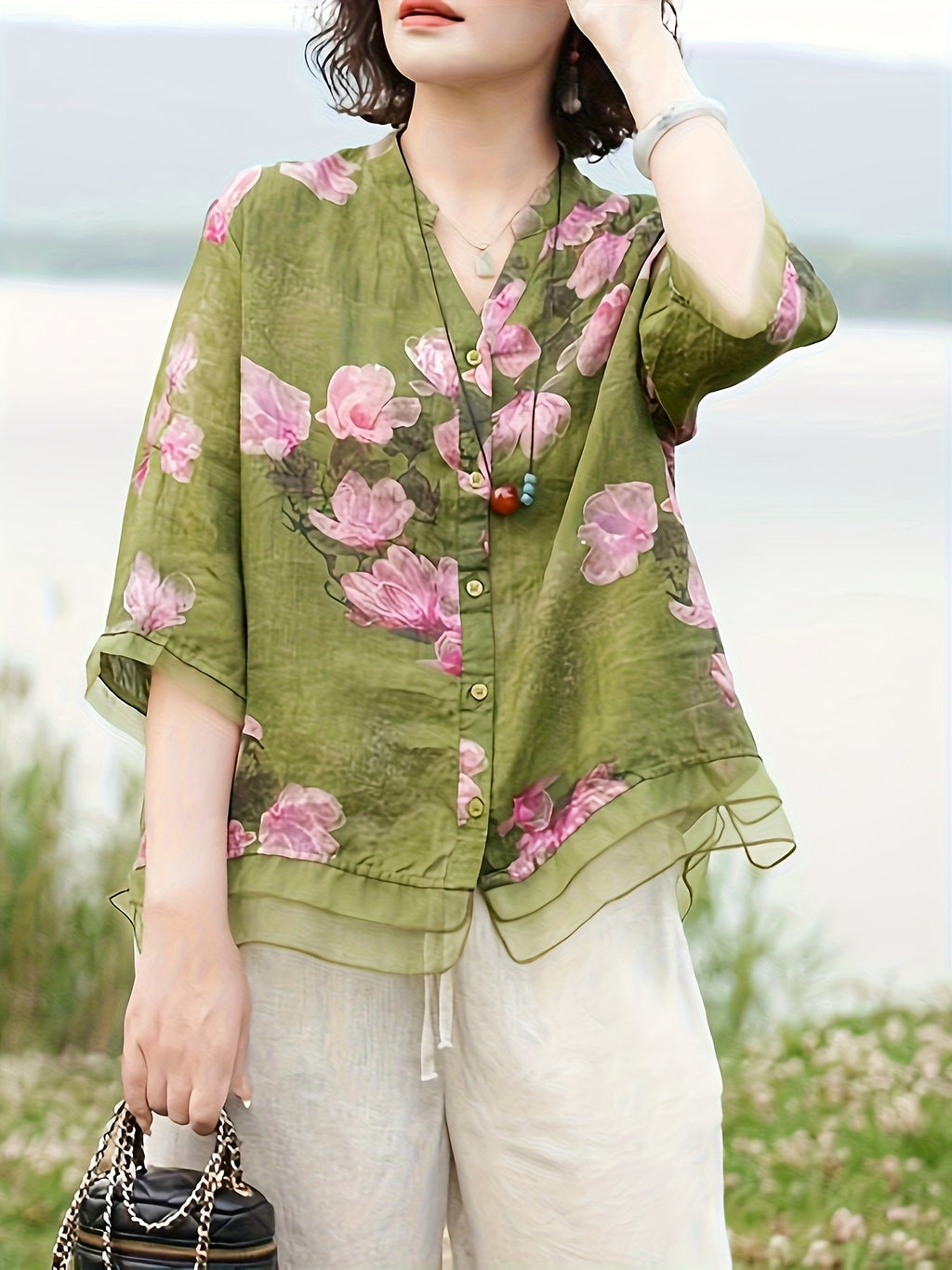 Women'S Printed Stand-Up Collar Mid-Sleeve Shirt, Spring And Summer Casual Versatile Cardigan Top - Green