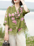 Women'S Printed Stand-Up Collar Mid-Sleeve Shirt, Spring And Summer Casual Versatile Cardigan Top - Green