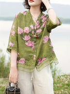 Women'S Printed Stand-Up Collar Mid-Sleeve Shirt, Spring And Summer Casual Versatile Cardigan Top - Green